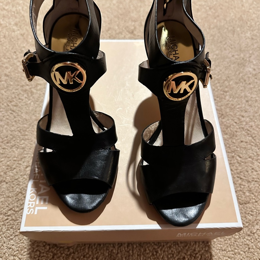 Michael Kors Black Heels with Ankle Strap and Gold MK Medallion